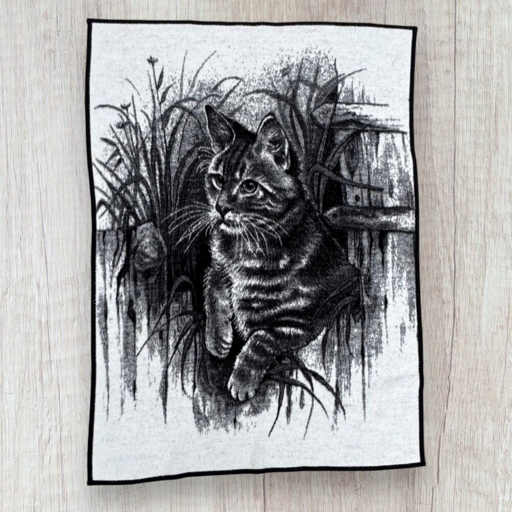 Vintage Biederlack Cat Blanket Throw Black White Tabby Cat Woods Scene USA